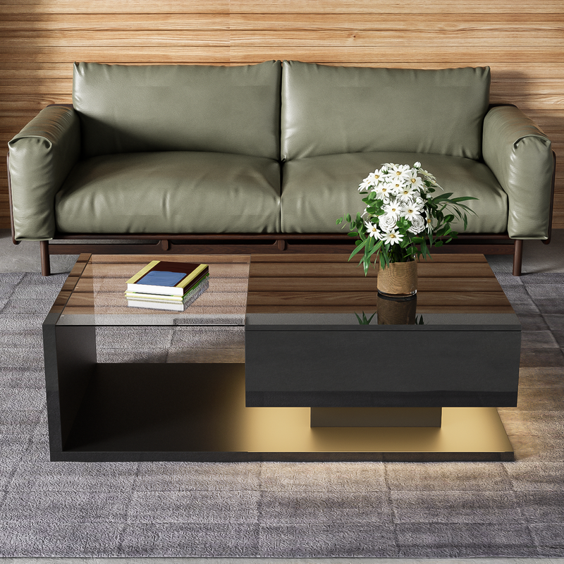 Table basse moderne en noir brillant avec plateau en verre trempé et effet lumineux LED pour la décoration du salon_voghion.com