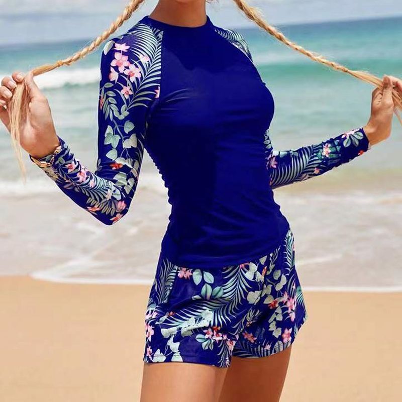 Women's Clothing Color Matching Surfing Diving Holiday Swimsuit Multi Color Printing Long Sleeved Sunscreen Split Swimsuit_voghion.com