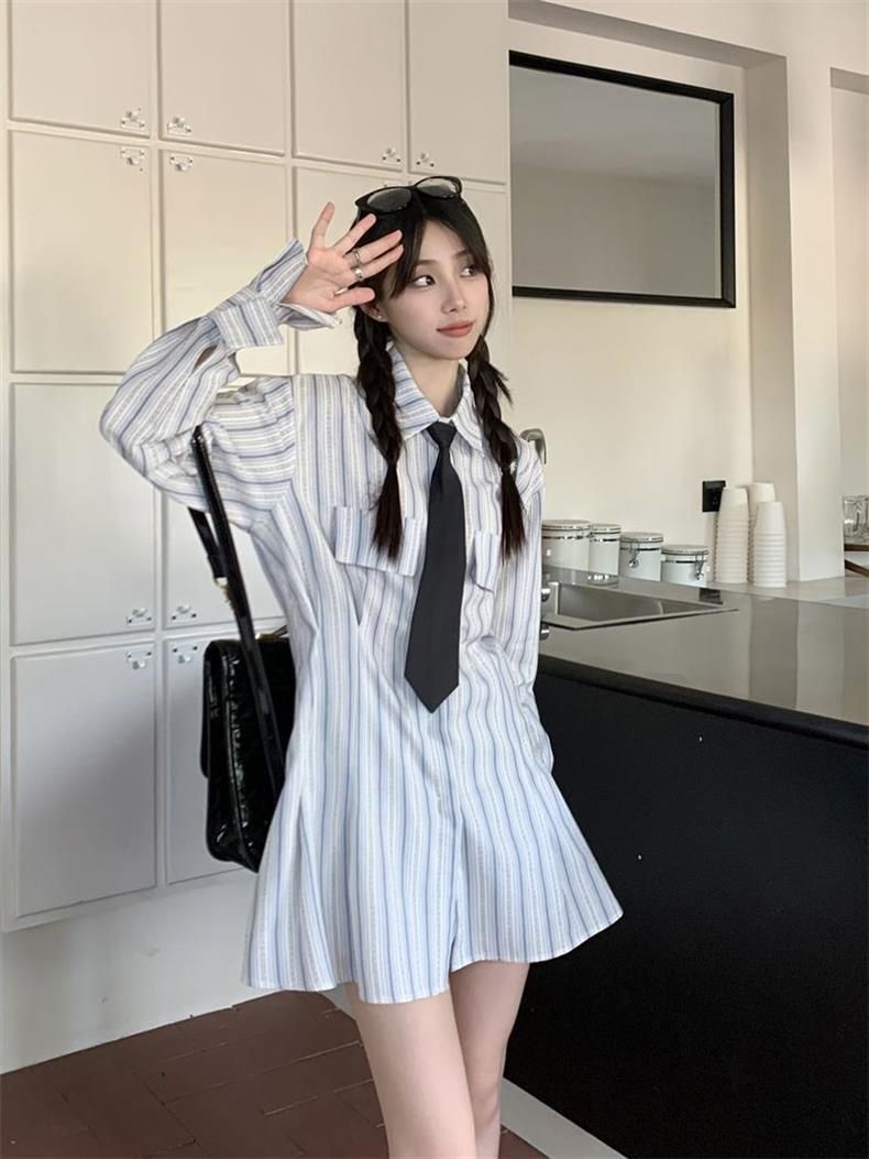 Ensemble deux pièces ChicShe : chemise à rayures verticales à manches longues pour femme, taille élastique, style décontracté, idéal pour la rentrée automnale._voghion.com