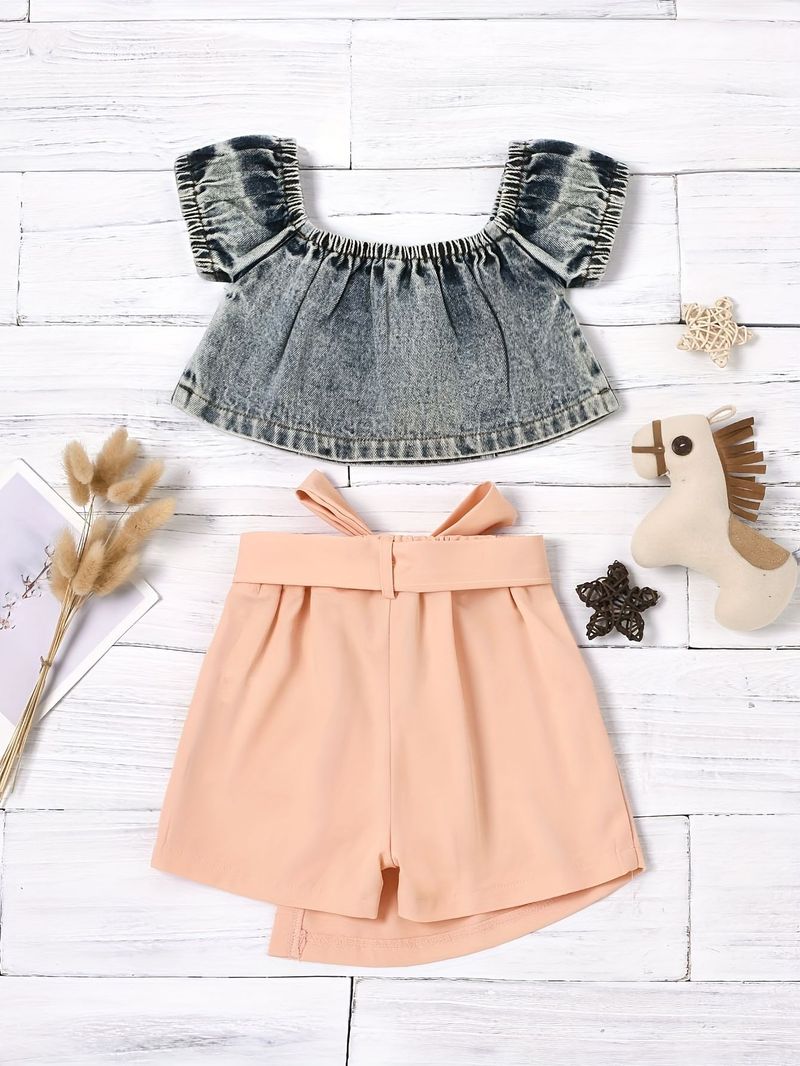 "Kids' Denim Wash Short-Sleeve Top + Asymmetrical Skirt & Belt 3-Piece Set – Soft Cotton Blend, A-Class Safe, Stylish For 3-8 Years (90-130cm)"_voghion.com