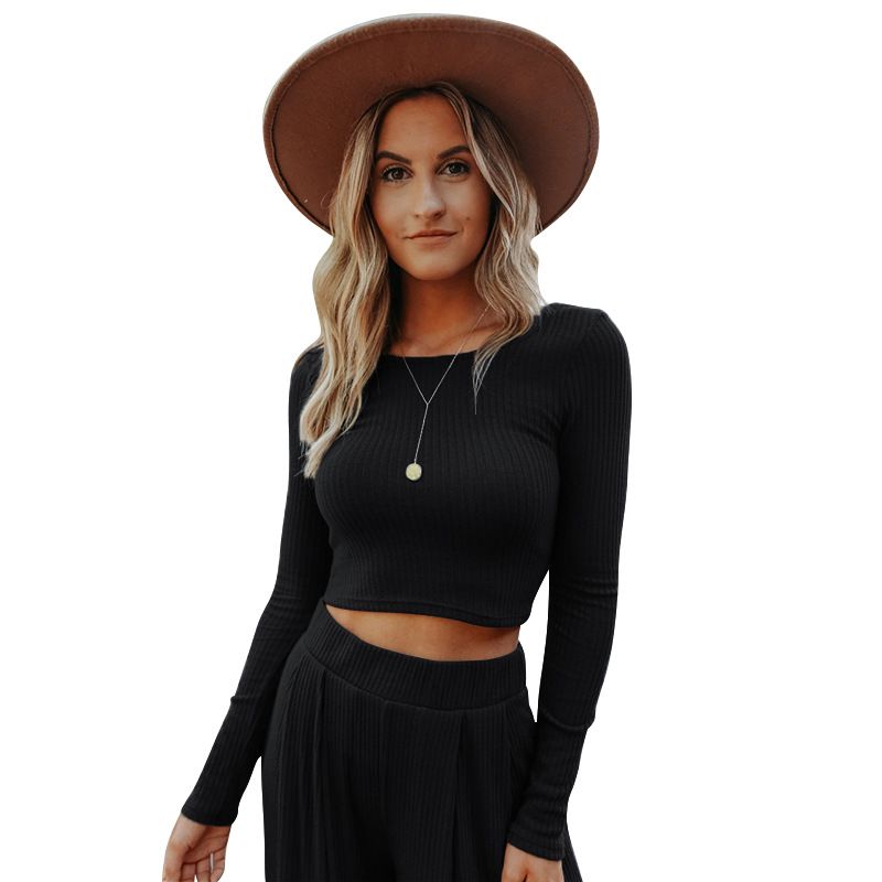 Vêtements pour femmes à manches longues, costume décontracté, pantalon large en tricot côtelé_voghion.com