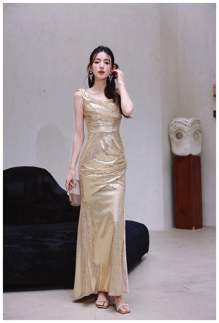 Damenbekleidung Gold Abendkleid Nischen Swing Kragen Rückenfreies Kleid Pailletten Party Lang Schmal Schlitz Laufsteg Kleid Rock_voghion.com