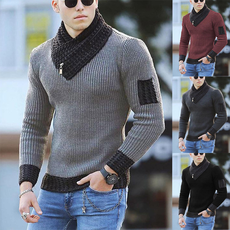 Autumn And Winter Large Sweater Pullover Long Sleeve Fashion Scarf High Neck Men's Knitwear_voghion.com
