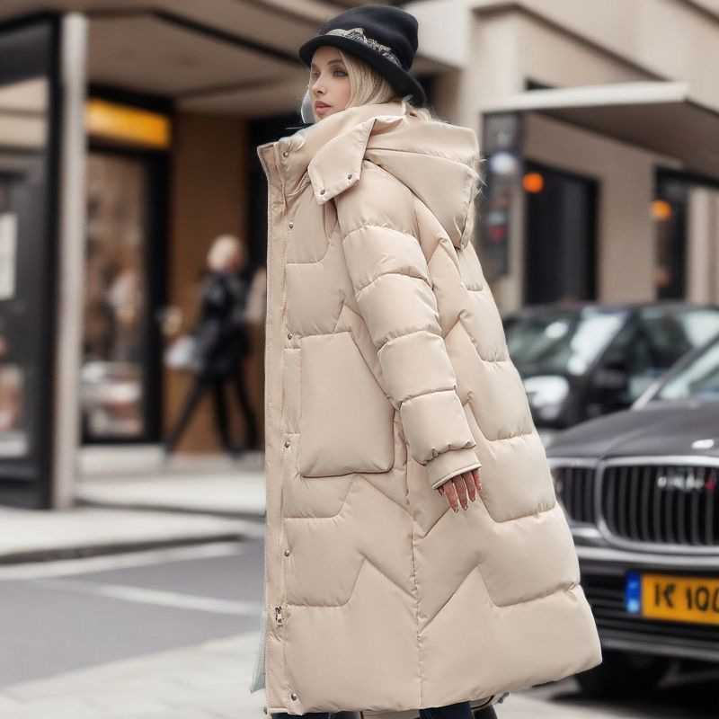 Damen Steppjacke mit abnehmbarer Kappe, mittellang, über dem Knie, verdickte warme Jacke_voghion.com