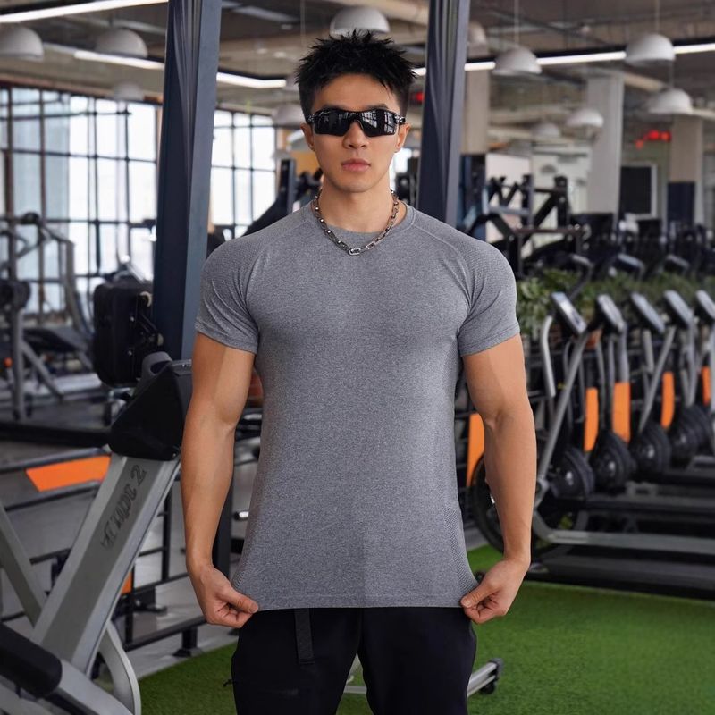 Muskel-Fitness-Übung Baumwolle Kurzarm Basketball Lauftraining Solona elastische Sport T-Shirt Herren_voghion.com