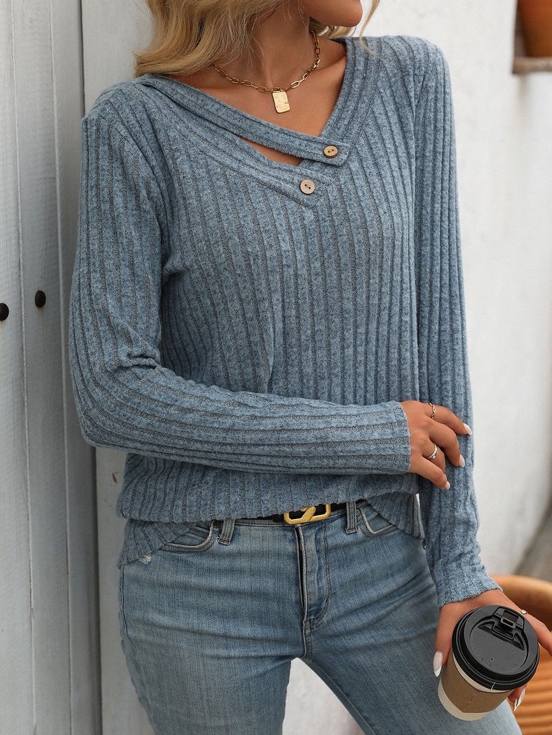 Maglietta casual da donna con scollo a V e bottoni - Maglia a maniche lunghe a coste dalla vestibilità ampia per autunno inverno (nero grigio, rosso vino, verde militare)_voghion.com