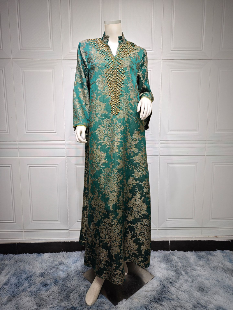 Women's Clothing Muslim Evening Gown Jacquard Embroidery Dress Beading Fashion Kaftan Arabian Dubai Robe_voghion.com