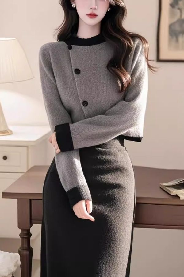 Korean Style Elegant Gray Cardigan Sweater Simple Mid-Length High-Waisted Skirt Autumn Winter Commuter Set_voghion.com