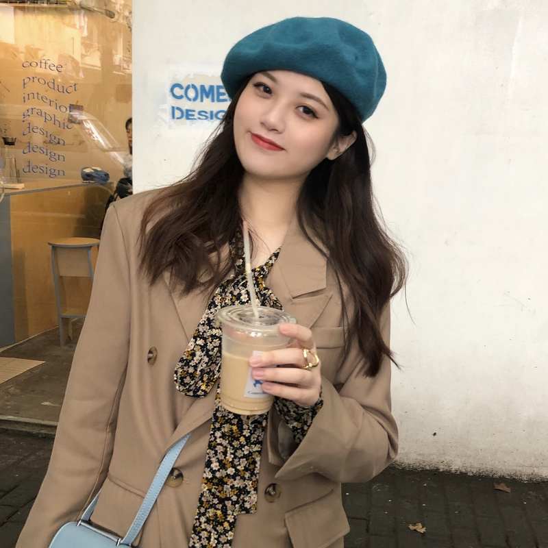 Wełniany beret damski Ishihara Satomi beret w tym samym stylu jesienno-zimowy wełniany beret retro niebieska czapka malarza_voghion.com