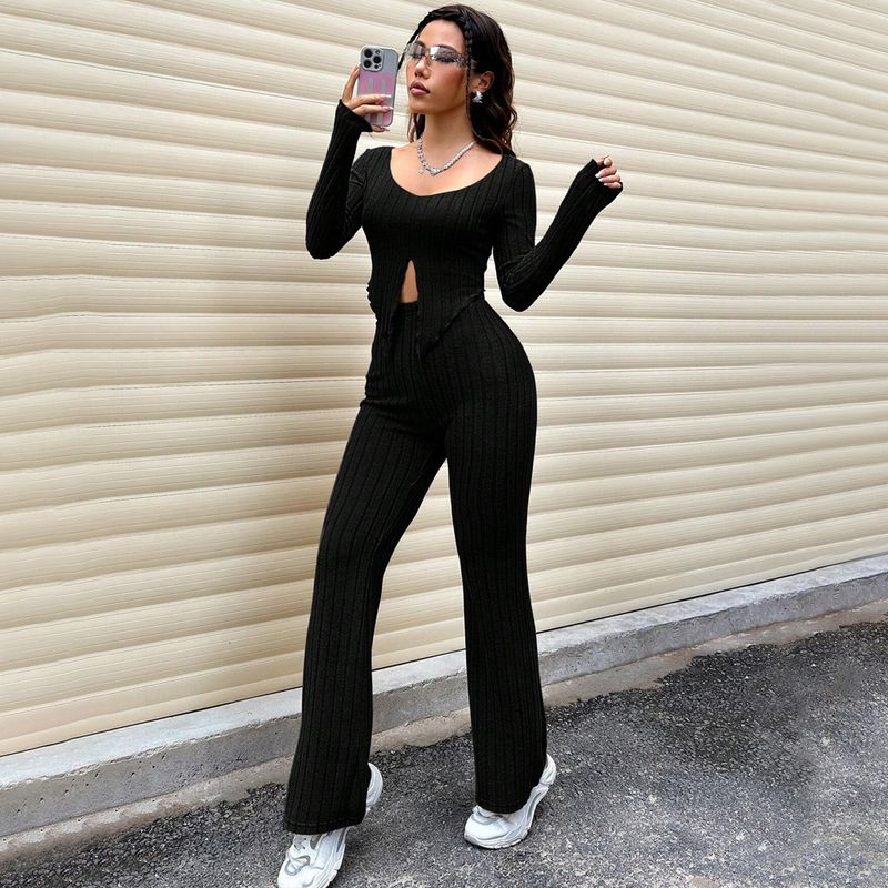 Pure Desire Style Versatile Moudenset Hierscht/Wanter Einfarweg Oppen Nabelschnabel Top Héichtaille Schlankheetshosen_voghion.com