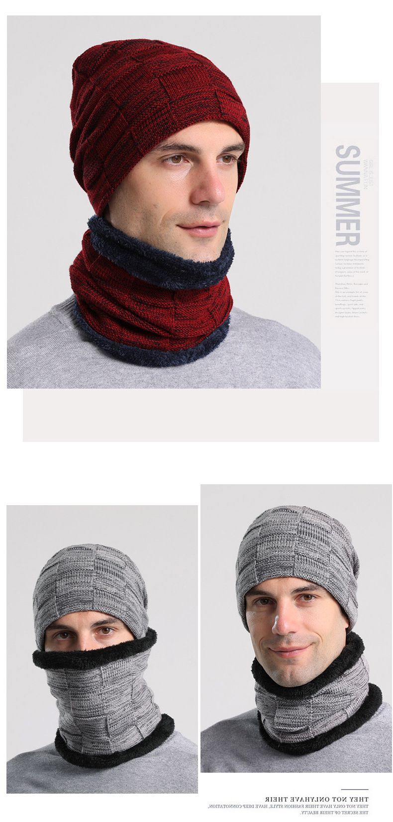 Herre strikket lue Vinterlue genserlue smekkedress pluss fleeceluesett_voghion.com