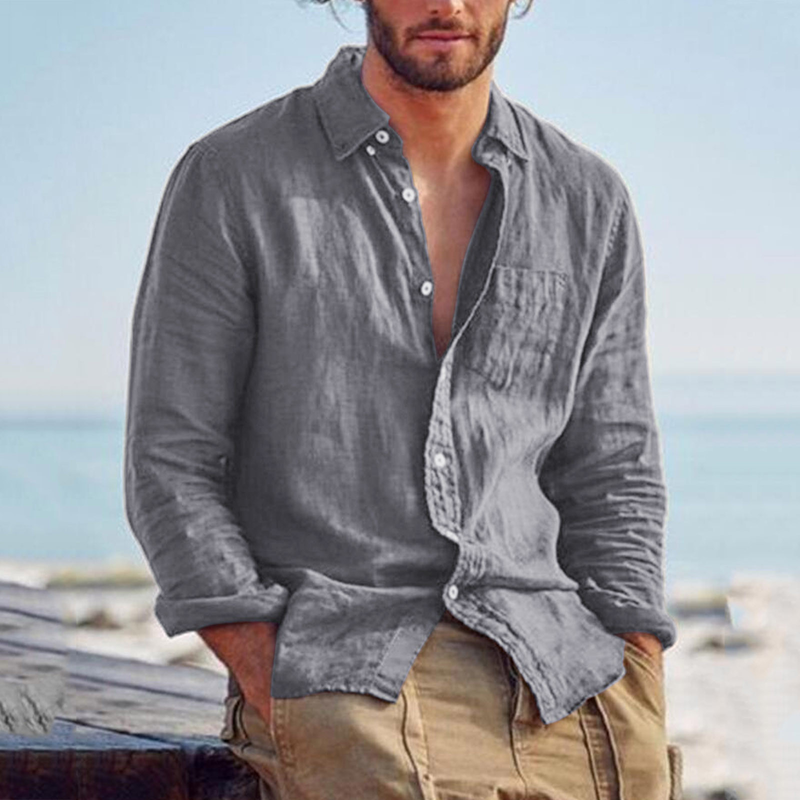 Cardigan casual con risvolto in tinta unita, in cotone e lino, camicia da uomo retrò casual e ampia_voghion.com