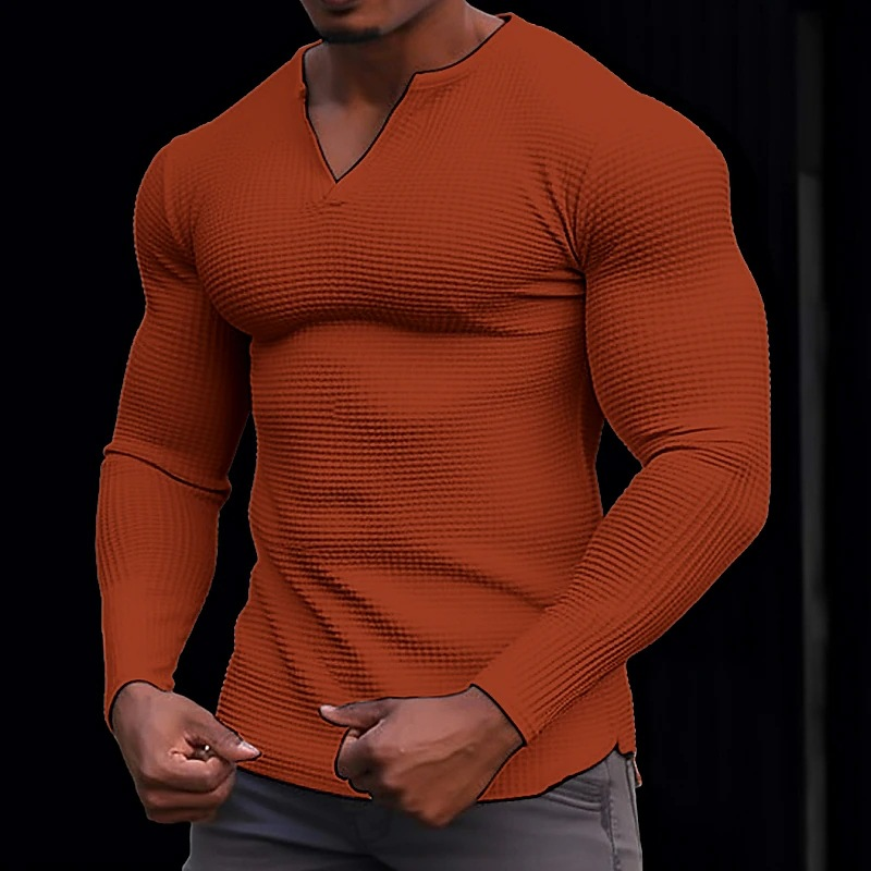 Abbigliamento da uomo T-shirt da uomo con scollo a V Waffle, moda casual a maniche lunghe per le vacanze_voghion.com