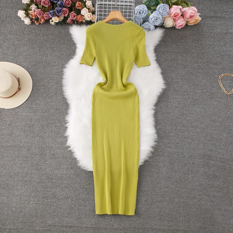 Abito in maglia con scollo a V da donna, snellente e con gonna snellente per fianchi, alla moda ed elegante, monopetto, lavorato a maglia_voghion.com