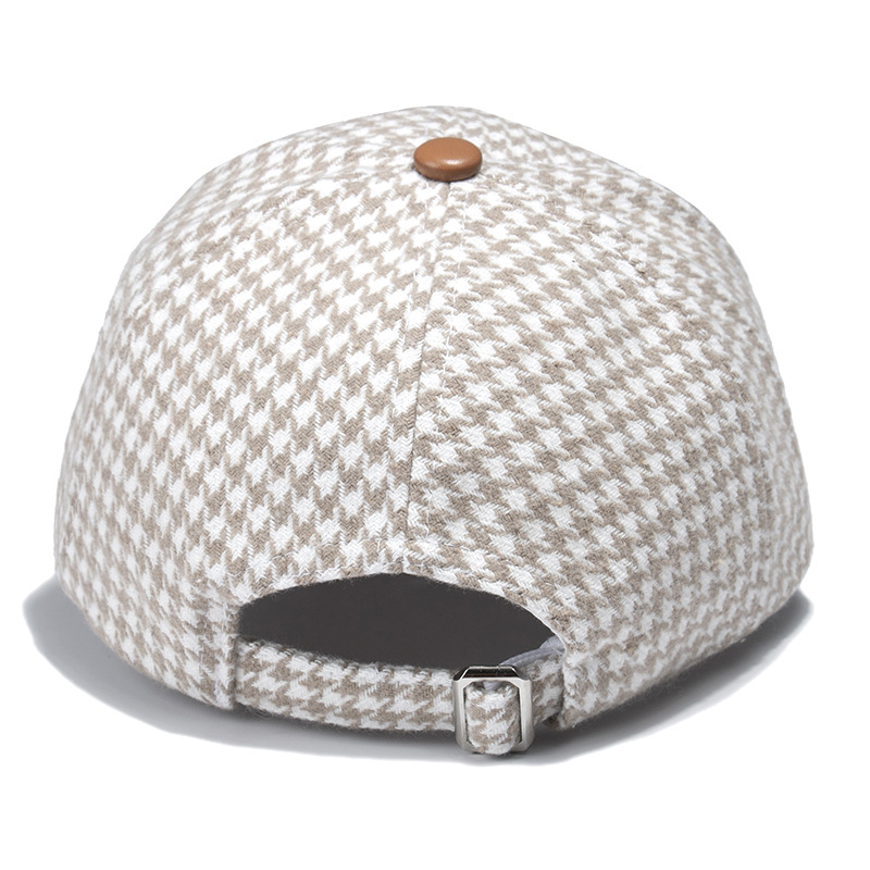 Hat Women's Houndstooth Spliced PU Leather Brim Baseball Cap Autumn and Winter Style M Label Thickened Warm Korean Internet Red Peaked Cap_voghion.com