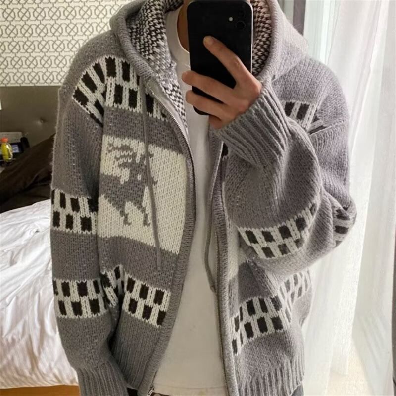 Cardigan in maglia Fair Isle – Pullover oversize ispirato al Fair Isle con cappuccio e maniche lunghe (grigio, beige)_voghion.com