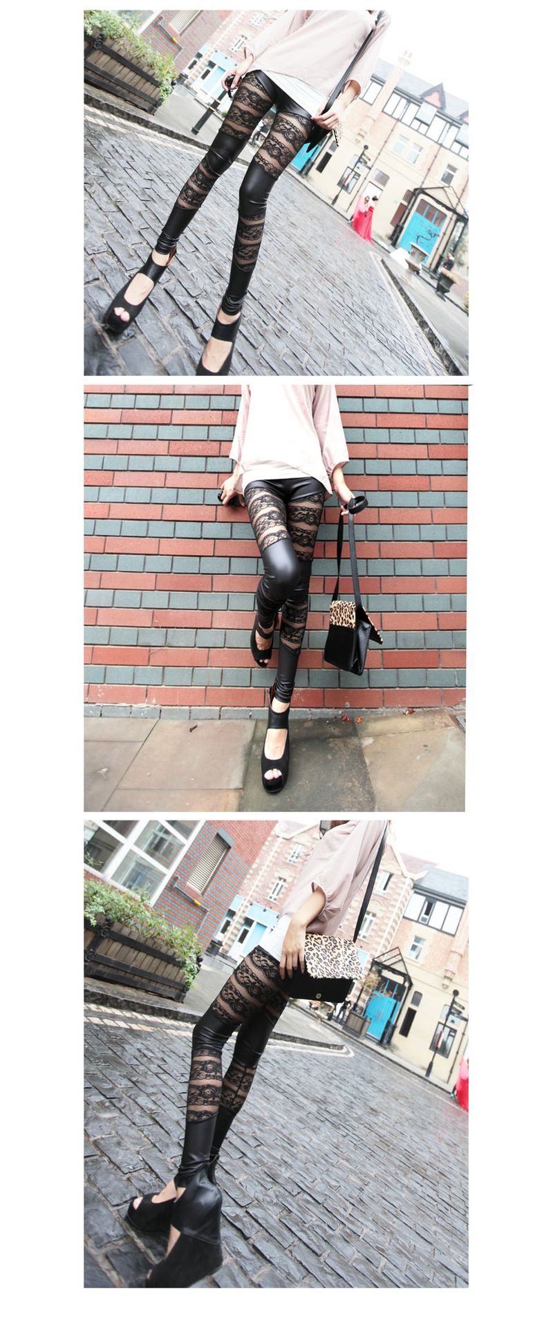 Leggings da donna a nove punte in pizzo sottile in finta pelle a righe orizzontali in doppio pezzo da indossare come collant slim e sexy_voghion.com