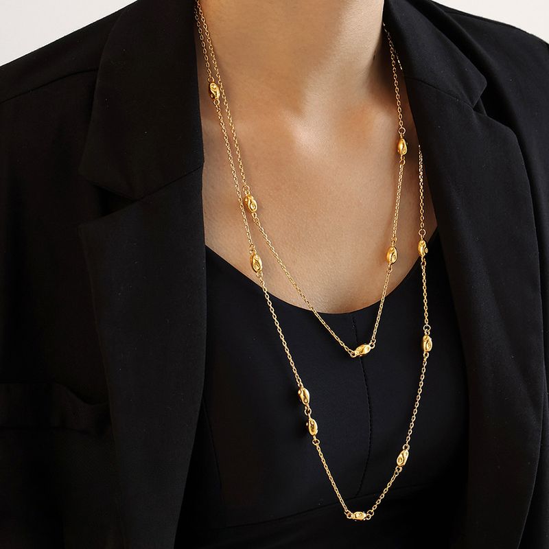 Gold Double-layer Bead Sweater Chain Atmospheric High-end Light Titanium Steel Stacked Long Necklace_voghion.com