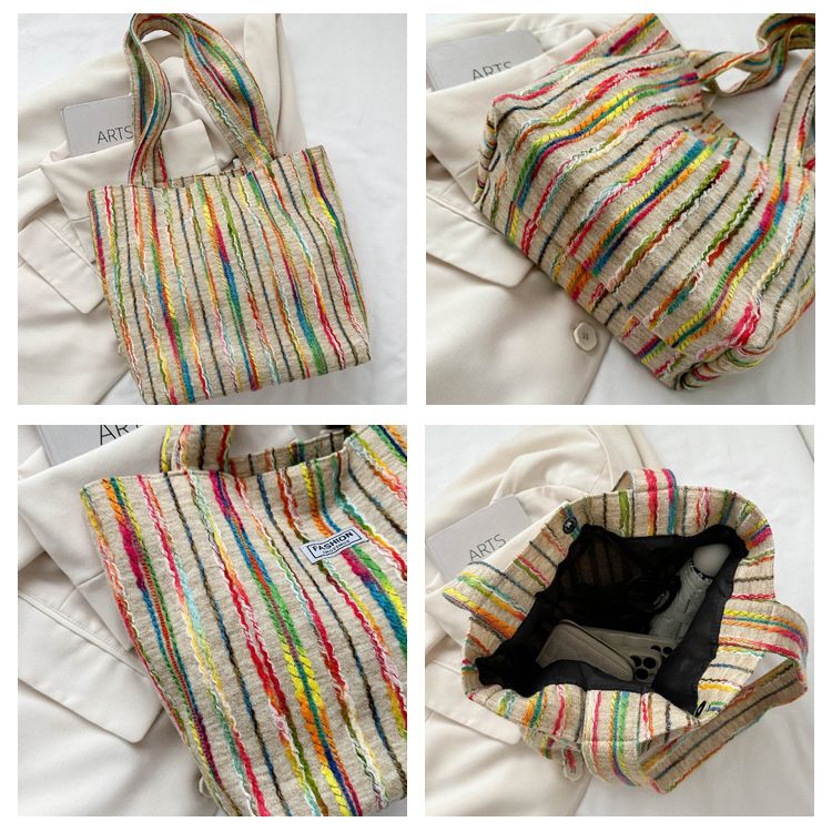 Large Capacity Stripe Handbag 2024 Summer Commuter Fashion Casual Western Style One Shoulder Underarm Tote Bag_voghion.com
