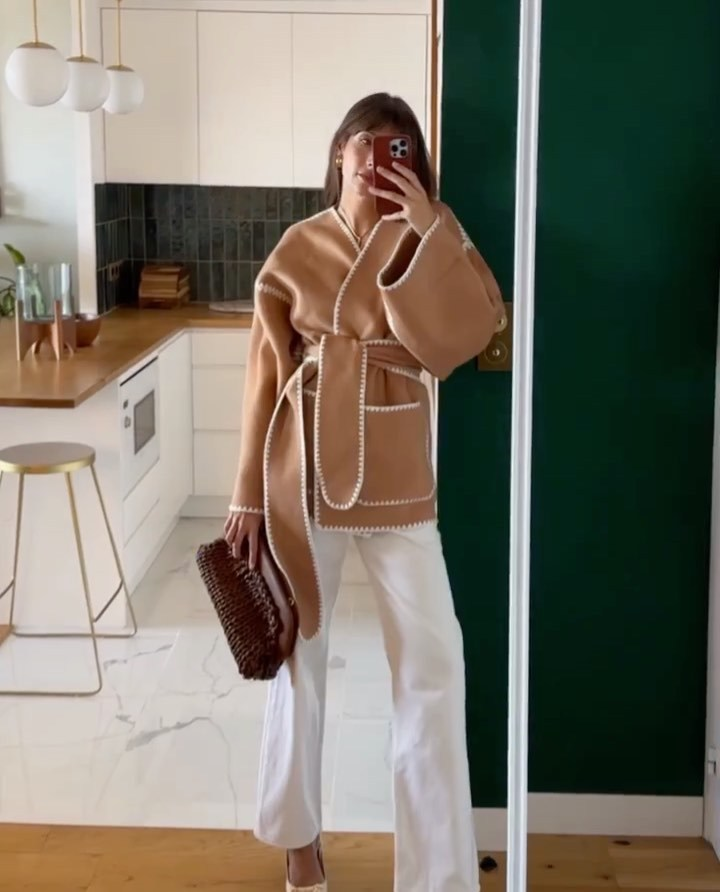 Ropa de mujer Otoño e invierno Nueva chaqueta tipo cárdigan de encaje con cuello en V Chaqueta con diseño de encaje y cinturón_voghion.com