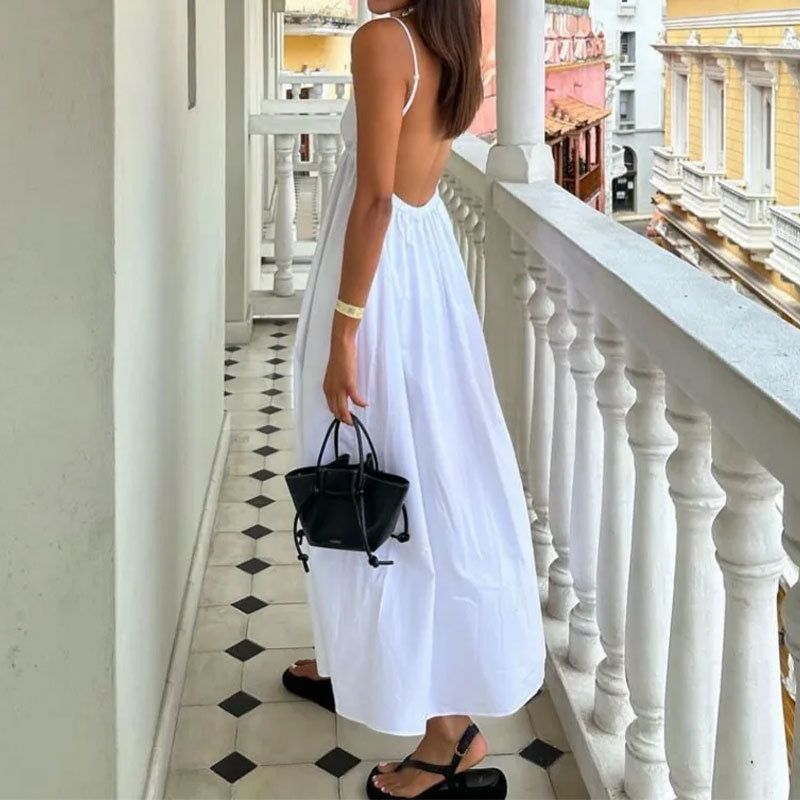 Robe trapèze sexy dos nu sans manches, couleur unie, col en V, jupe à bretelles_voghion.com
