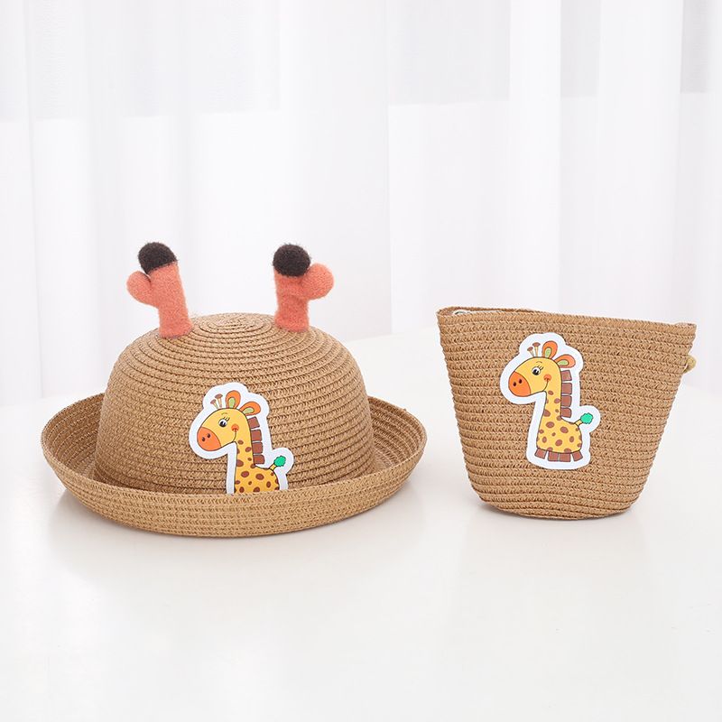 Ensemble de sacs en paille pour animaux de dessin animé, pare-soleil d'été, crème solaire et chapeau de pêcheur mignon pour enfants_voghion.com