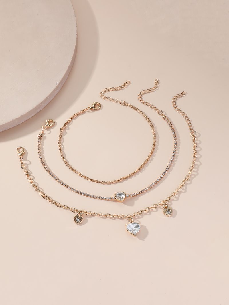 Fashion Simple Double Layer Inlaid Diamond Anklet For Women, Unique Creative Heart Pendant Beach Chain_voghion.com