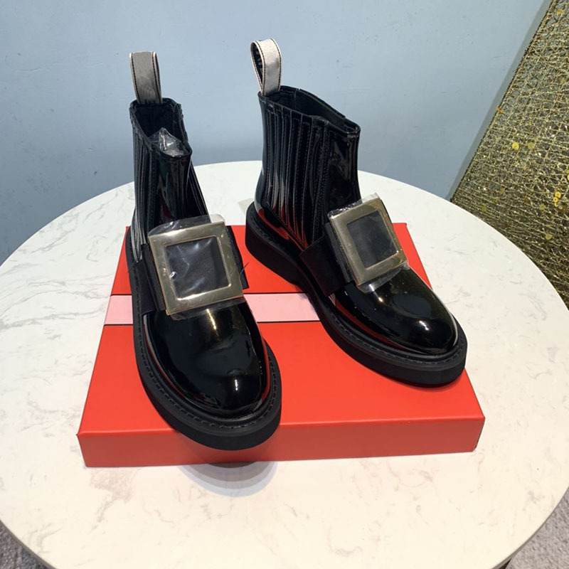 New Women's Flat Bottom Round Head Short Boots with Square Buckle Lacquer Leather Water Diamond Martin Boots Women's Versatile Shoes_voghion.com