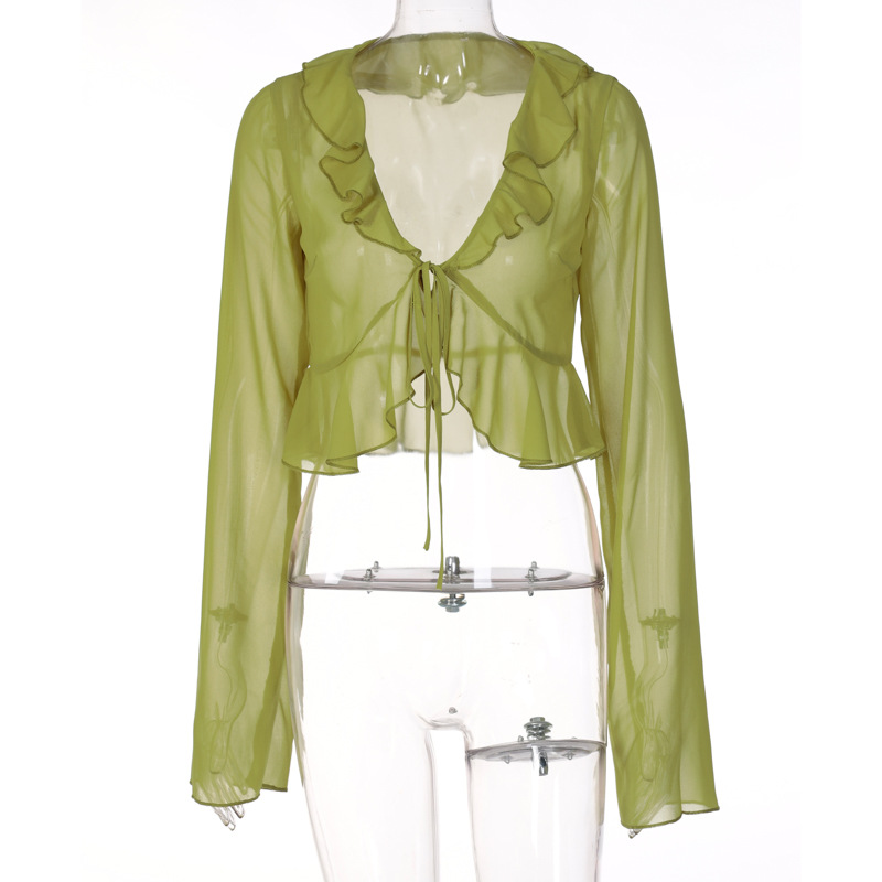 2023 Sommer-heißer Verkauf New Wood Ear Schnürung mit tiefem V-Ausschnitt Langarm Transparent Top Damenbekleidung_voghion.com