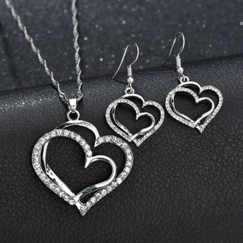 Double Hollow Love Heart Jewelry Set With Pendant Necklace & Drop Earrings & Chain Bracelet Inlaid Shiny Zircon Vintage Style Jewelry Set_voghion.com