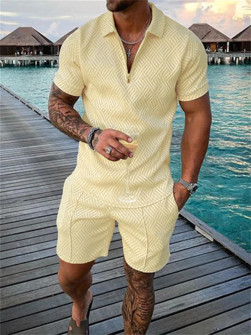 Conjunto deportivo de verano para hombre, con estampado 3D de lunares blancos y negros, camiseta polo con cremallera y pantalones cortos, 2 piezas_voghion.com