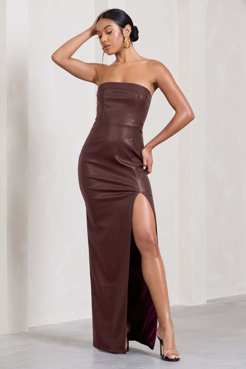 Abito lungo aderente senza maniche e senza spalline - Abito da sera in similpelle con corsetto per donna, mini abito sexy con fasciatura a vita alta, elegante abito da sera_voghion.com