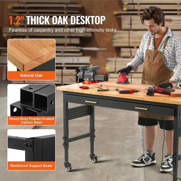 60' Workbench On Wheels Adjustable Height Table With Power Outlet & Drawer_voghion.com