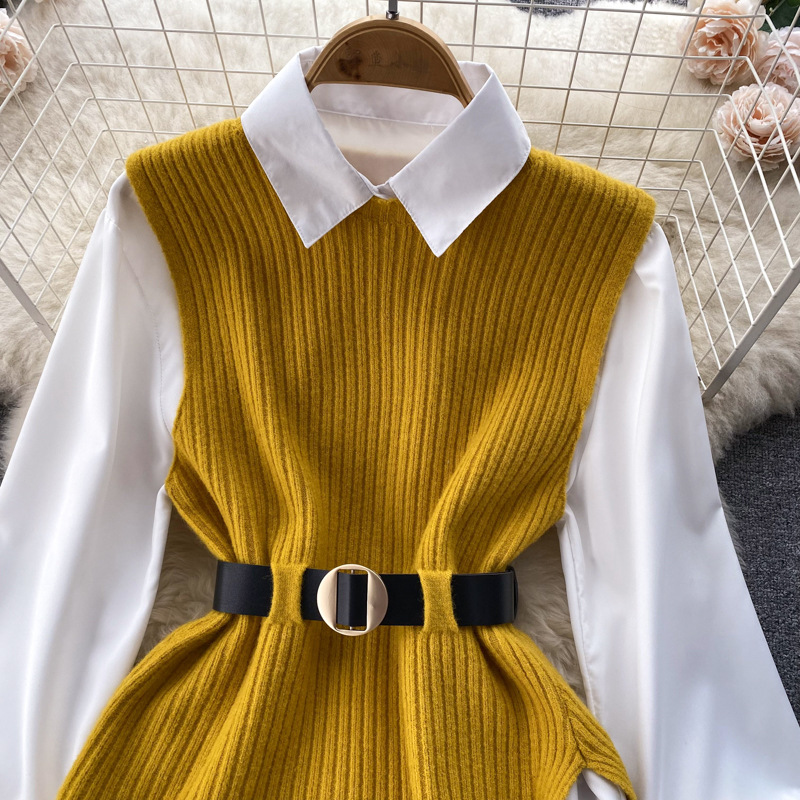 Set de două piese pentru femei, cămașă albă cu mâneci lungi și vestă din tricot despicat_voghion.com
