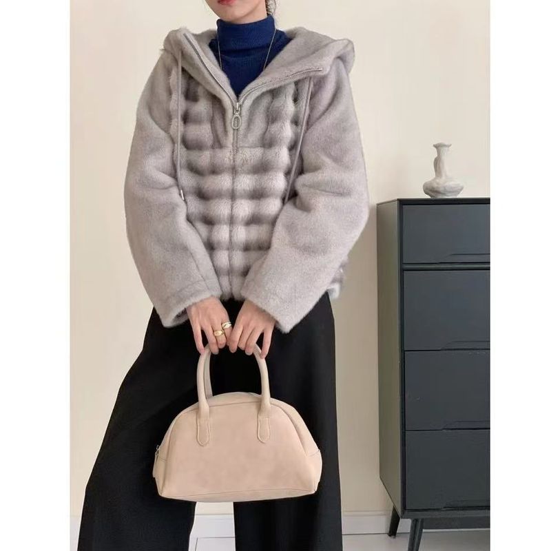 Casaco de pele de vison sintético feminino com capuz, jaqueta curta, casaco de pele vegano ecológico para mulheres pequenas, casacos de pele sintética_voghion.com