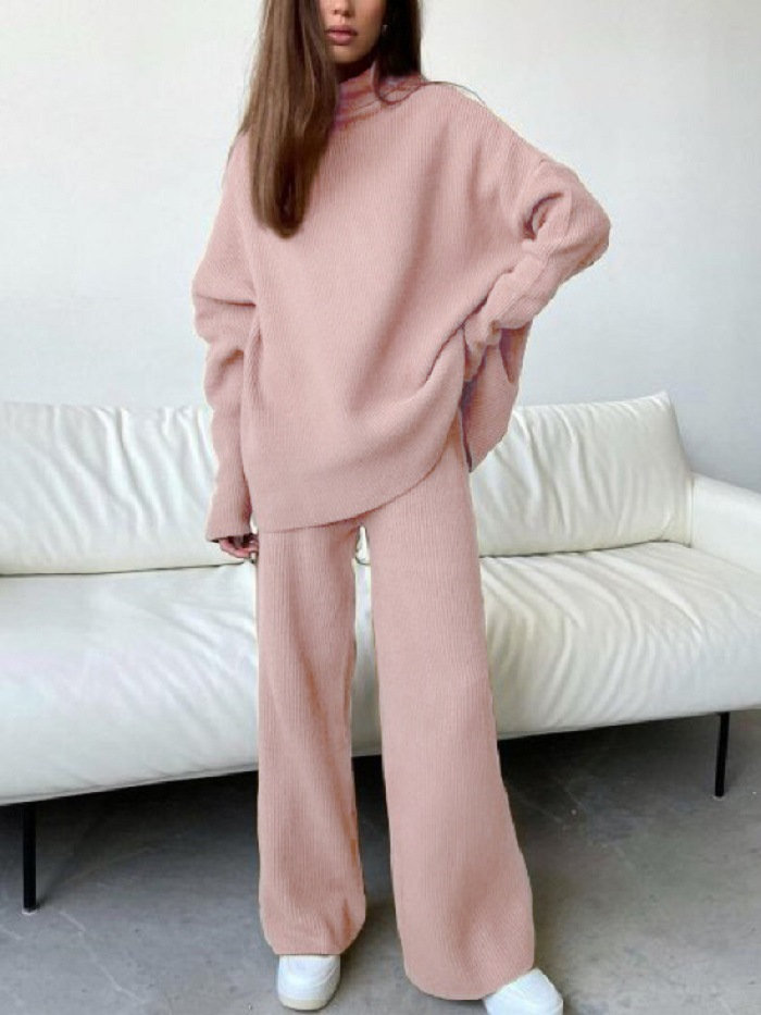 Women's Clothing long sleeved wide leg pants fashion loose high neck knitted casual two piece set_voghion.com