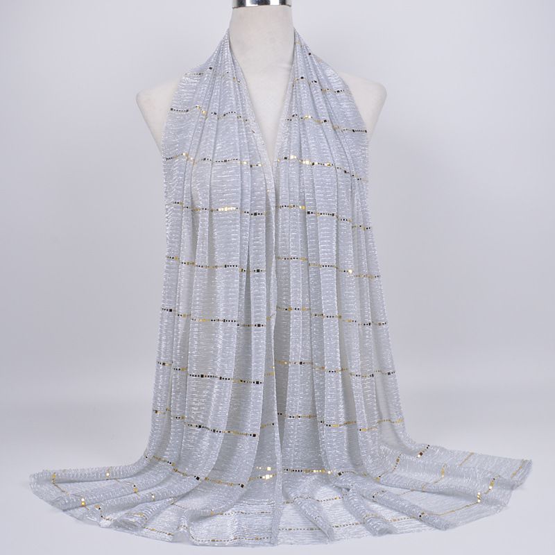 Pañuelo musulmán para la cabeza, con lentejuelas y encaje, para mujer, con moño musulmán, de color liso, de doble propósito, con lentejuelas plateadas a rayas._voghion.com