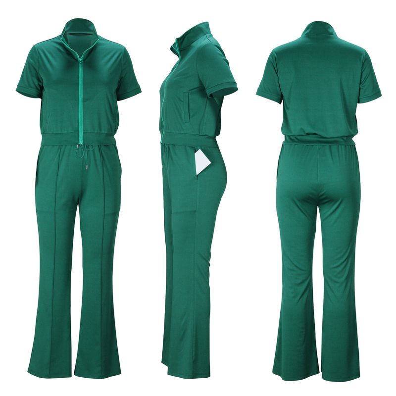 Women's Clothing Women's Spring And Summer Short Sleeved Zipper Jacket Suit Bell Bottom Pants Casual Two Piece Suit_voghion.com