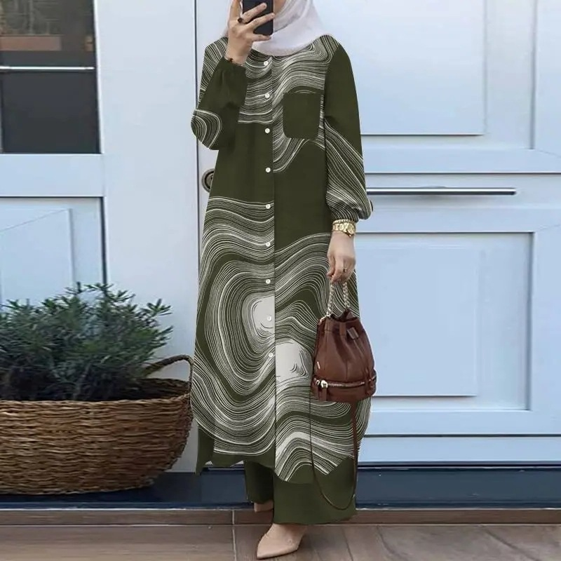 Traje de bata estampado a la moda para mujer, camisa y pantalones de manga larga con botones, traje de dos piezas_voghion.com
