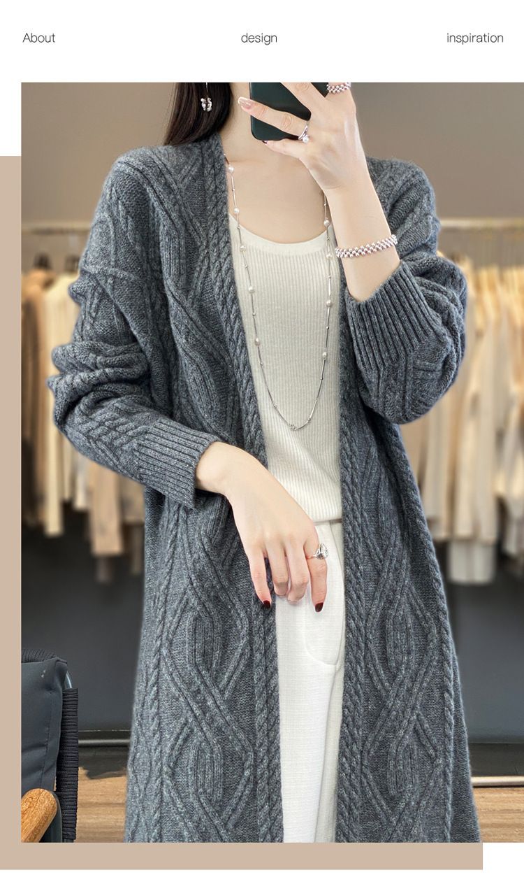 Cardigan lungo e largo in maglia di lana pesante e spessa, da donna, con scollo a V, autunno inverno_voghion.com