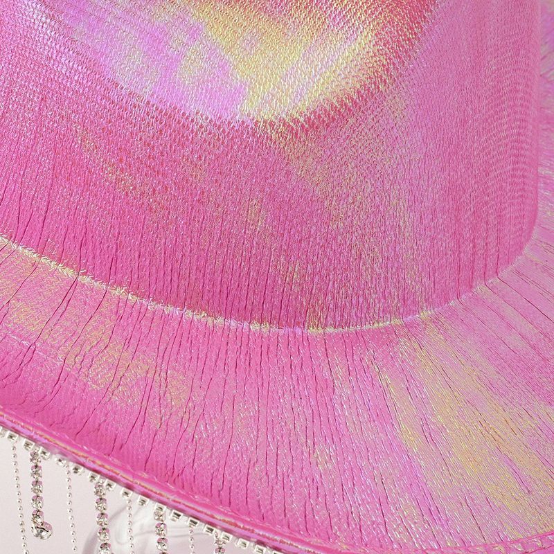 Sombrero de copa unisex estilo Panamá para mujer, de mezclilla neón con borlas de metal y diamantes de imitación, ideal para espectáculos de danza._voghion.com