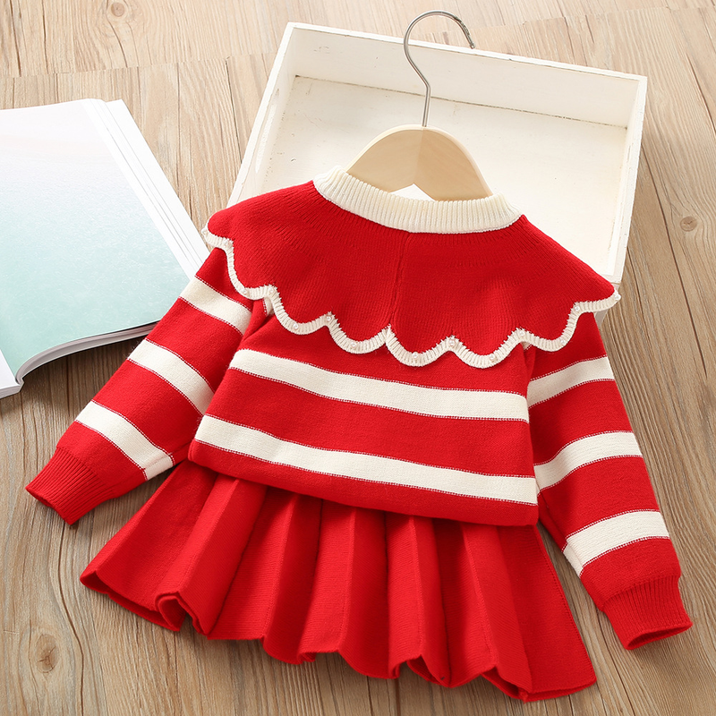 Maglione per bambine, cardigan in maglia a righe per bambine, autunno e inverno, set da due pezzi per bambini_voghion.com