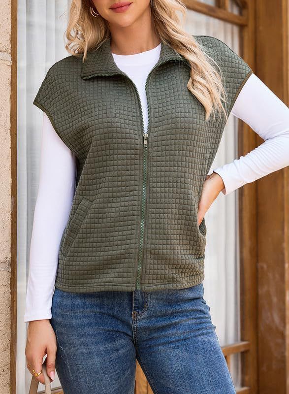 Dames vest met rits en wafelmotief, mouwloos en oversized, met zakken - lichtgewicht laagjeskleding voor casual en werkkleding_voghion.com