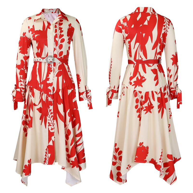 Damen Sommer neues langärmeliges bedrucktes Revers unregelmäßiges lockeres übergroßes Kleid_voghion.com