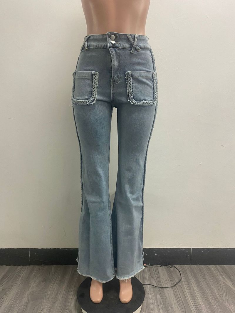 Pantaloni a zampa elastici in denim con vita alta, versatili e aderenti, alla moda, da donna_voghion.com