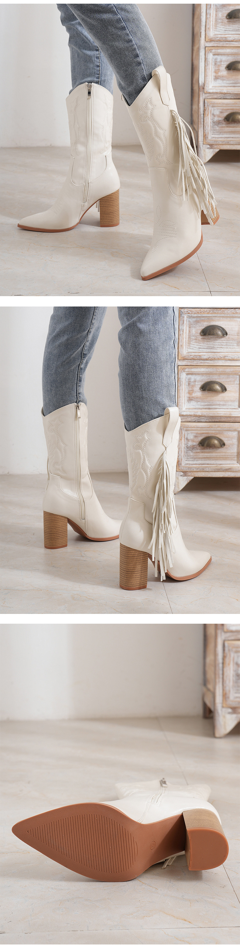 Jesensko/zimski špičasti viteški škornji do sredine nog Škornji z vezenimi resicami Beli novi kavbojski škornji v zahodnjaškem slogu_voghion.com