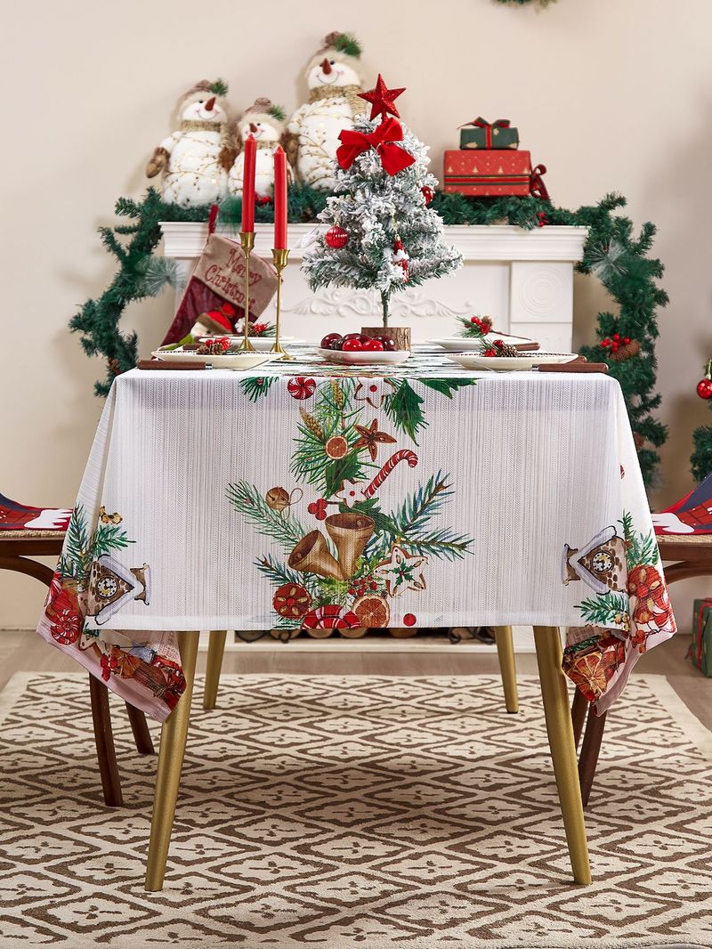 Ensemble de nappes de Noël – Décoration de table de fête en polyester imperméable avec cloches, flocons de neige et sapins pour fête, restaurant, emballage cadeau_voghion.com