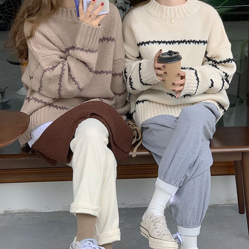 Japanese Retro Striped Knit Sweater Women's Loose Fit Long Sleeve Turtleneck Pullover - Soft Comfortable Chunky Knit Casual Top_voghion.com