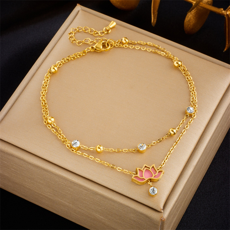 Europese en Amerikaanse mode high-end veelzijdige strandstijl stapelketting metalen diamant lotus hanger titanium stalen enkelbandje_voghion.com