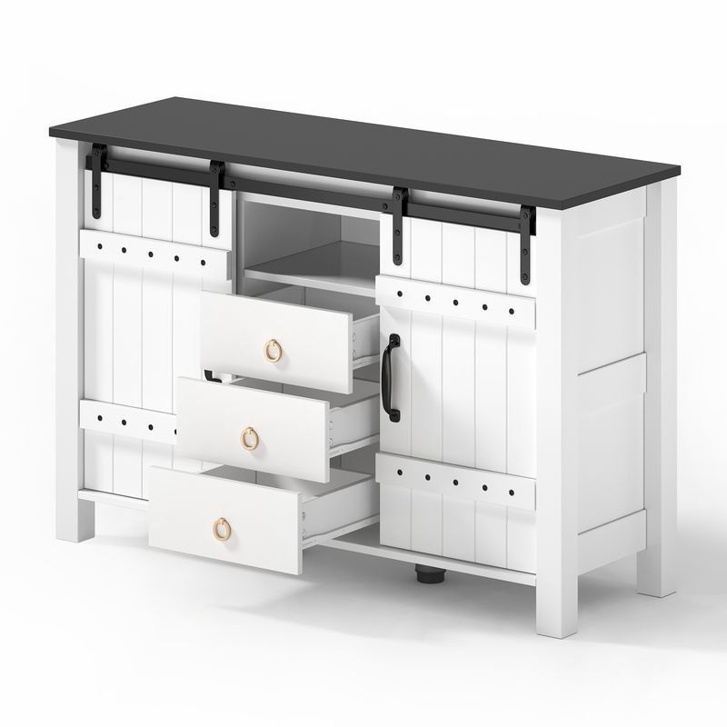 Buffetschrank Bianco 120cm Con Schiebetüren, 3 Schubladen, Rustikaler Holzstil_voghion.com